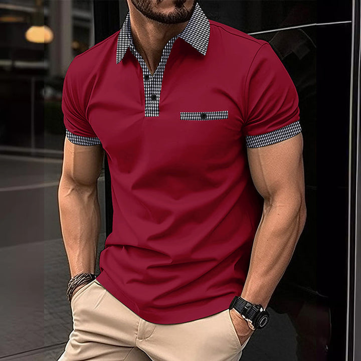 Men's Checkered Trim Short Sleeve Knit Polo Shirt Summer