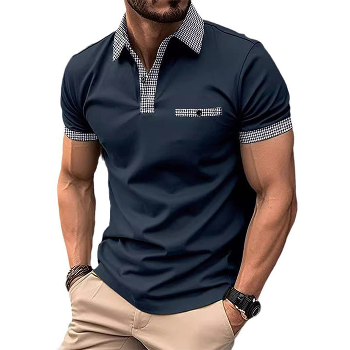 Men's Checkered Trim Short Sleeve Knit Polo Shirt Summer