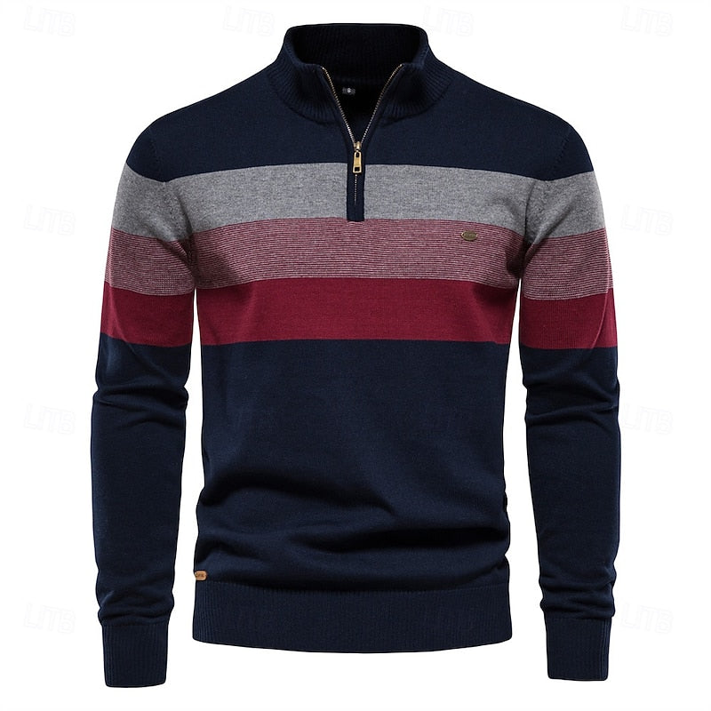 Men's Color Block Striped Quarter Zip Pullover Sweater