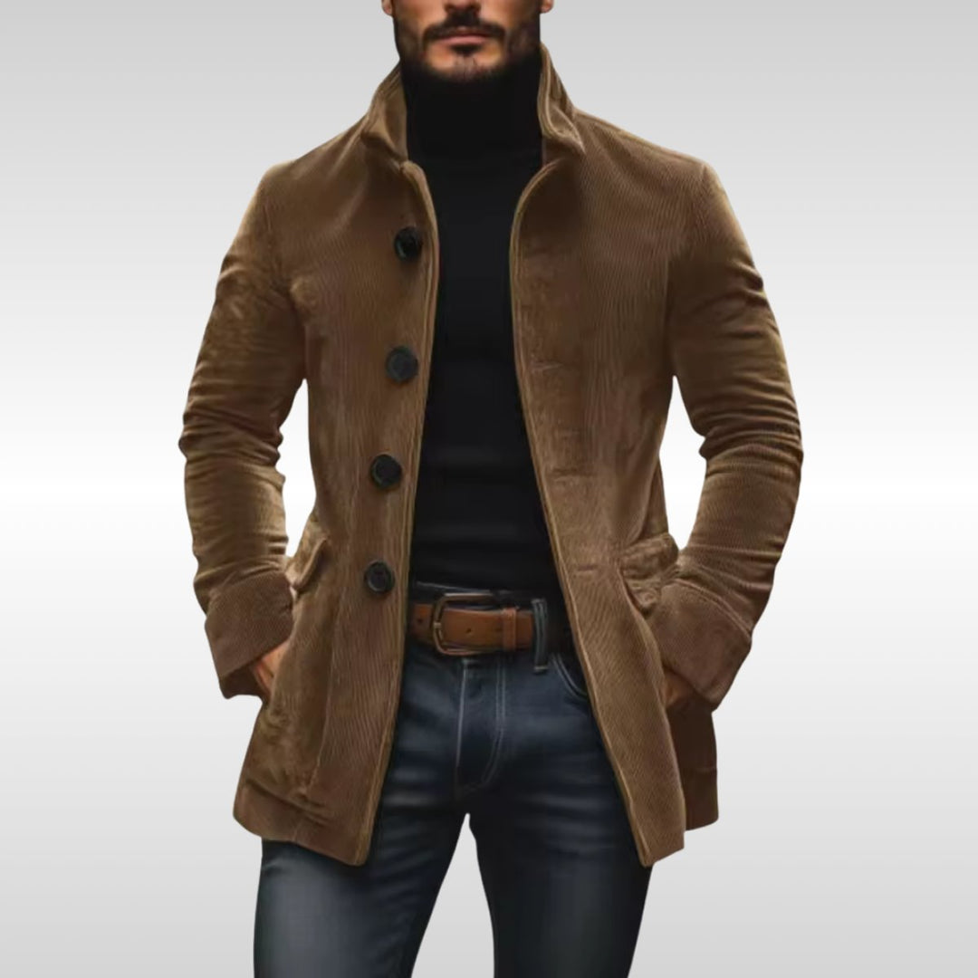 Men's Corduroy Stand-Collar Button-Up Fall Overcoat