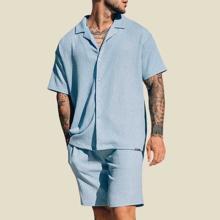 Men's Crinkle Camp Collar Shirt and Shorts Set, Summer Holiday Co-ord