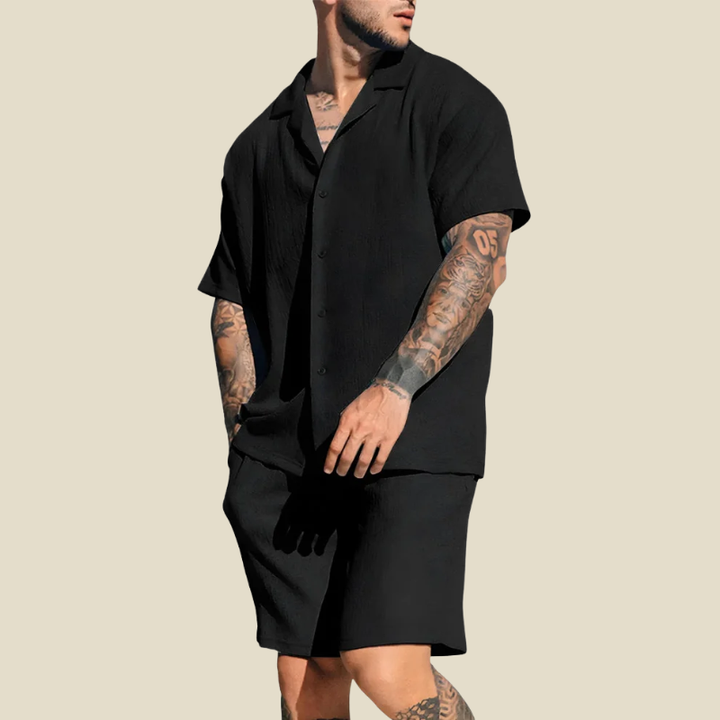 Men's Crinkle Camp Collar Shirt and Shorts Set, Summer Holiday Co-ord