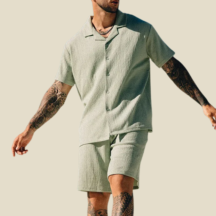 Men's Crinkle Camp Collar Shirt and Shorts Set, Summer Holiday Co-ord