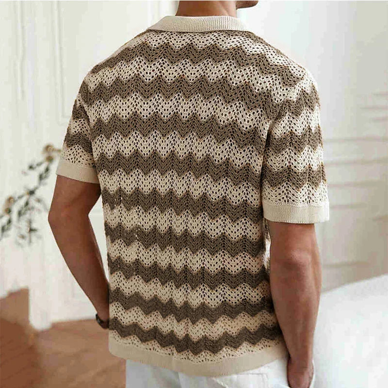Men's Crochet Knit Short Sleeve Button Up Shirt Summer Beach