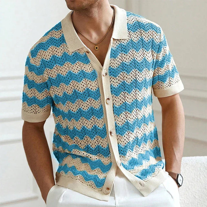 Men's Crochet Knit Short Sleeve Button Up Shirt Summer Beach