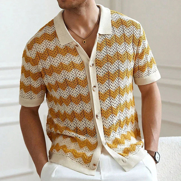Men's Crochet Knit Short Sleeve Button Up Shirt Summer Beach