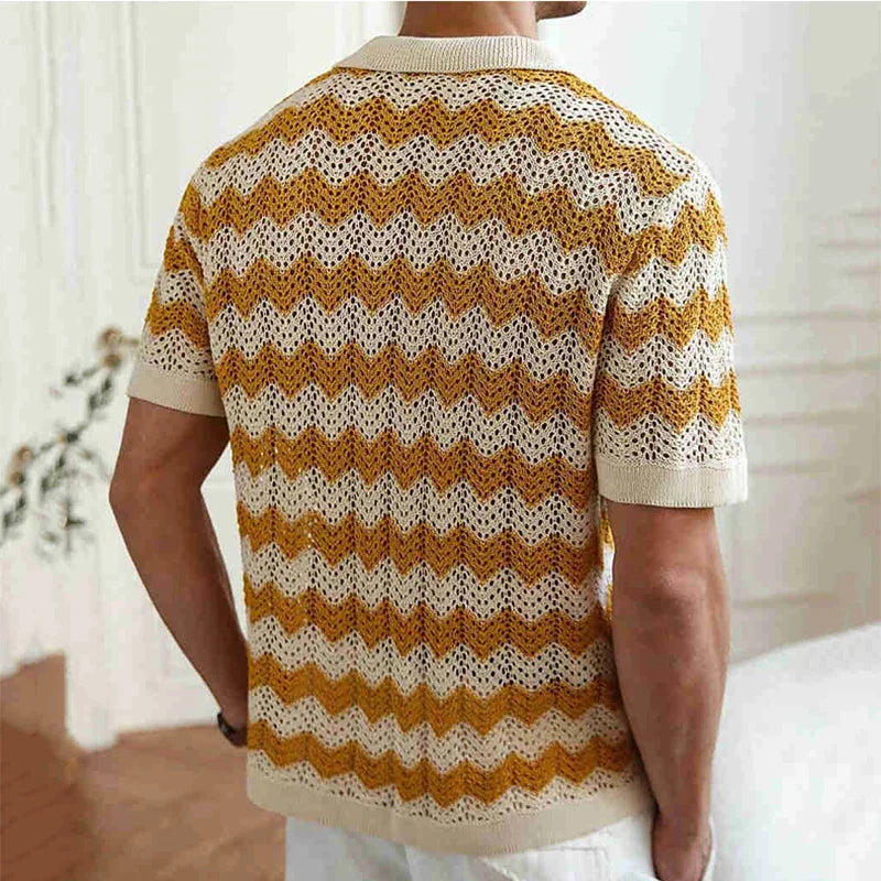 Men's Crochet Knit Short Sleeve Button Up Shirt Summer Beach