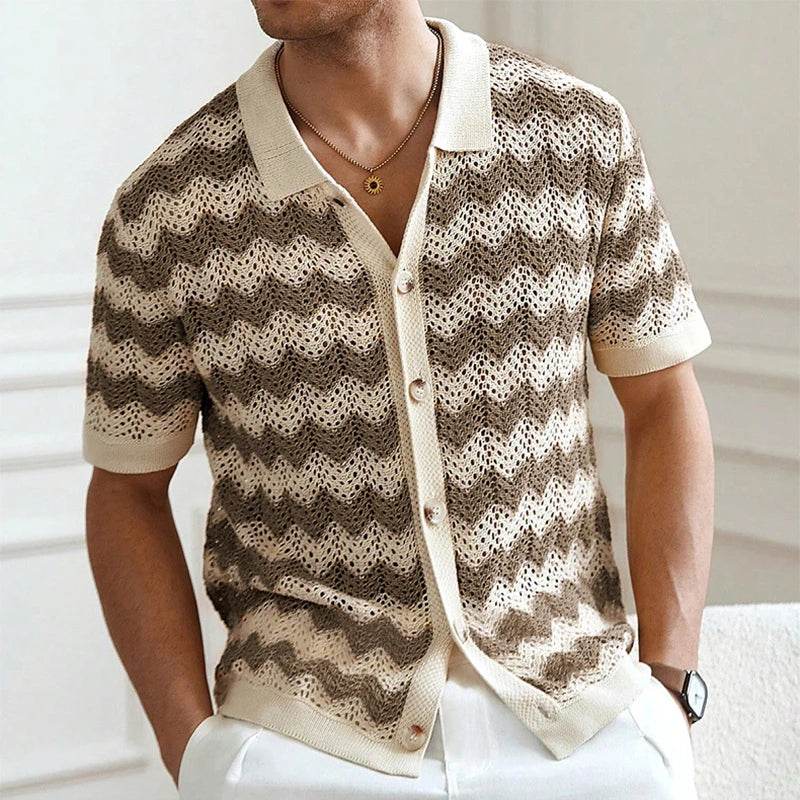 Men's Crochet Knit Short Sleeve Button Up Shirt Summer Beach