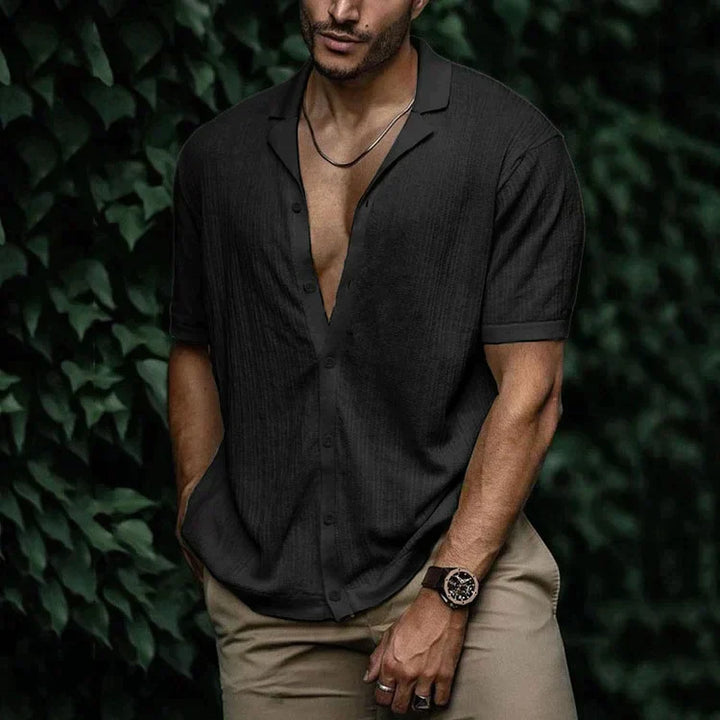 Men's Cuban Collar Shirt - Short Sleeve Textured Summer Top