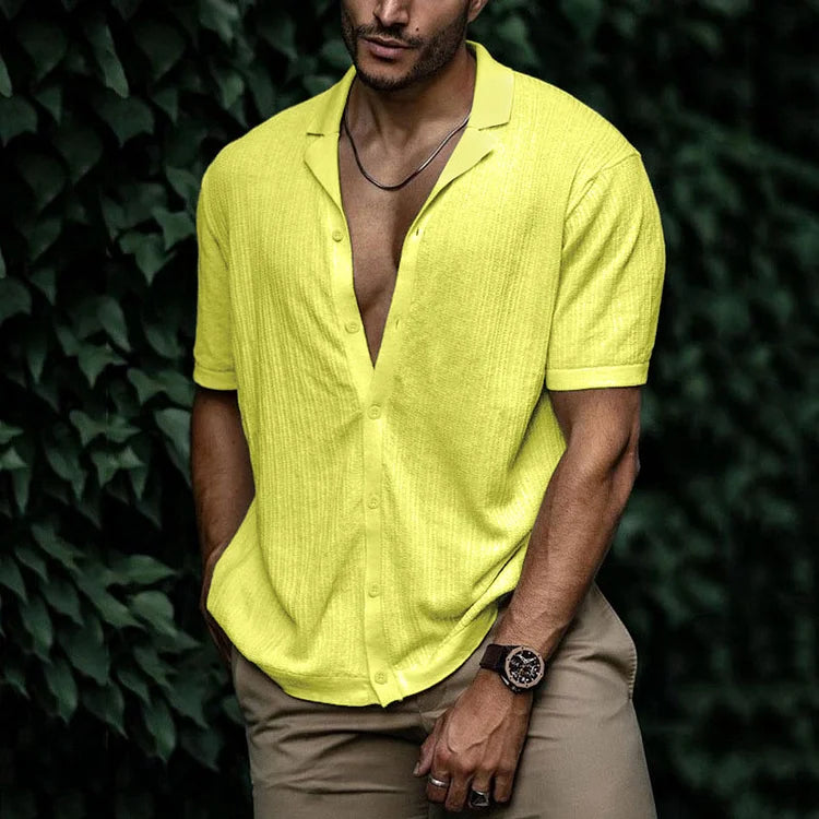 Men's Cuban Collar Shirt - Short Sleeve Textured Summer Top