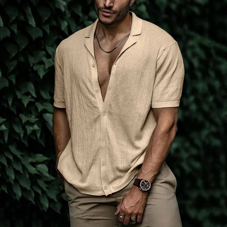 Men's Cuban Collar Shirt - Short Sleeve Textured Summer Top