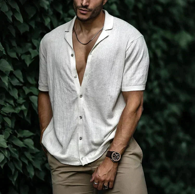 Men's Cuban Collar Shirt - Short Sleeve Textured Summer Top