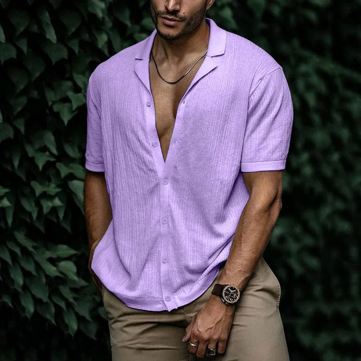 Men's Cuban Collar Shirt - Short Sleeve Textured Summer Top