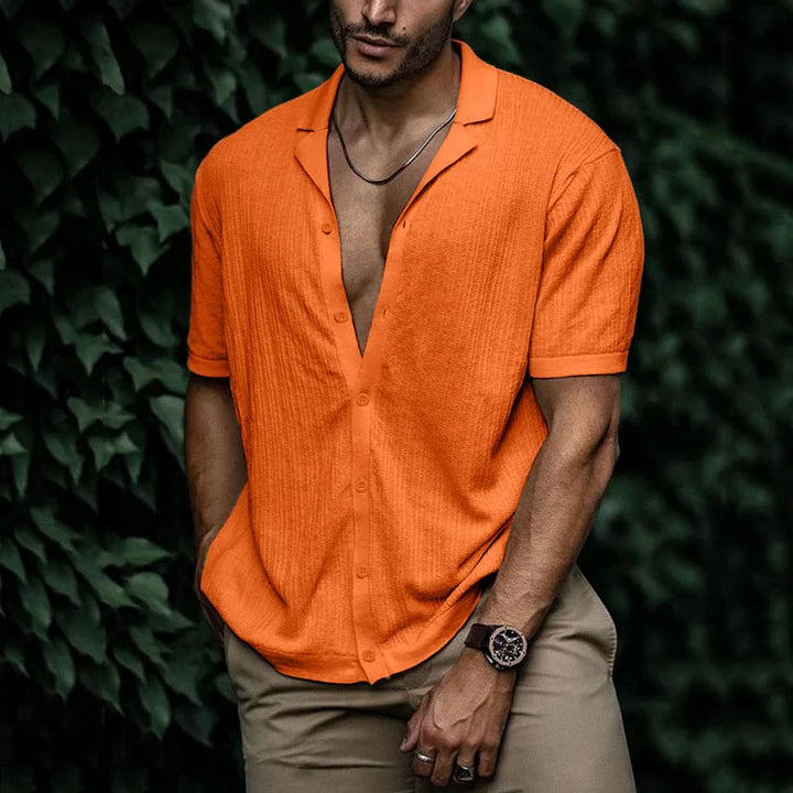 Men's Cuban Collar Shirt - Short Sleeve Textured Summer Top
