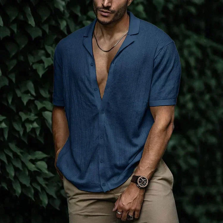 Men's Cuban Collar Shirt - Short Sleeve Textured Summer Top