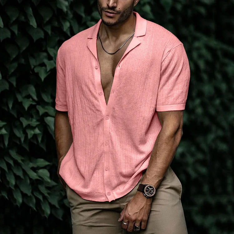Men's Cuban Collar Shirt - Short Sleeve Textured Summer Top