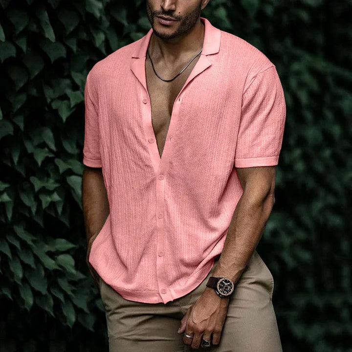 Men's Cuban Collar Shirt - Short Sleeve Textured Summer Top