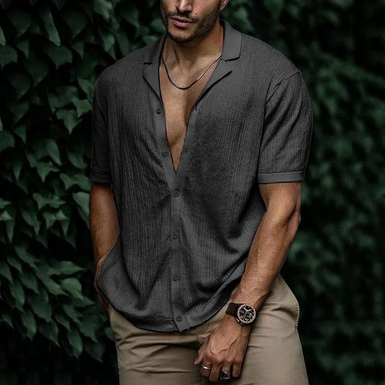 Men's Cuban Collar Shirt - Short Sleeve Textured Summer Top