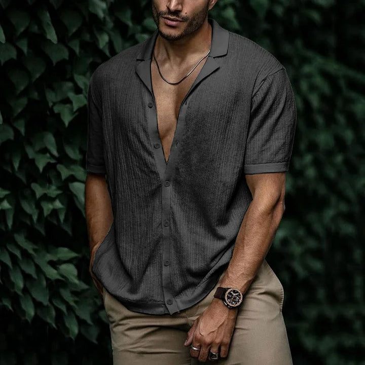Men's Cuban Collar Shirt - Short Sleeve Textured Summer Top
