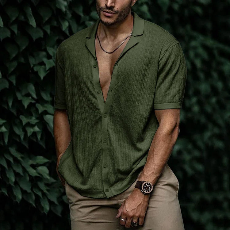 Men's Cuban Collar Shirt - Short Sleeve Textured Summer Top