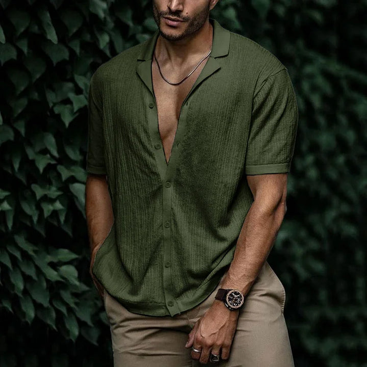 Men's Cuban Collar Shirt - Short Sleeve Textured Summer Top