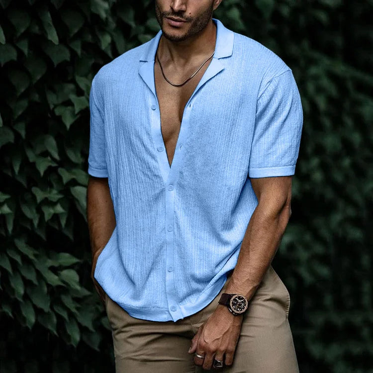 Men's Cuban Collar Shirt - Short Sleeve Textured Summer Top