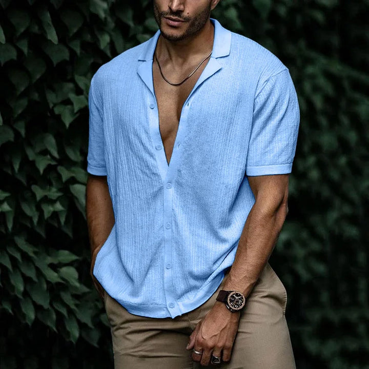 Men's Cuban Collar Shirt - Short Sleeve Textured Summer Top