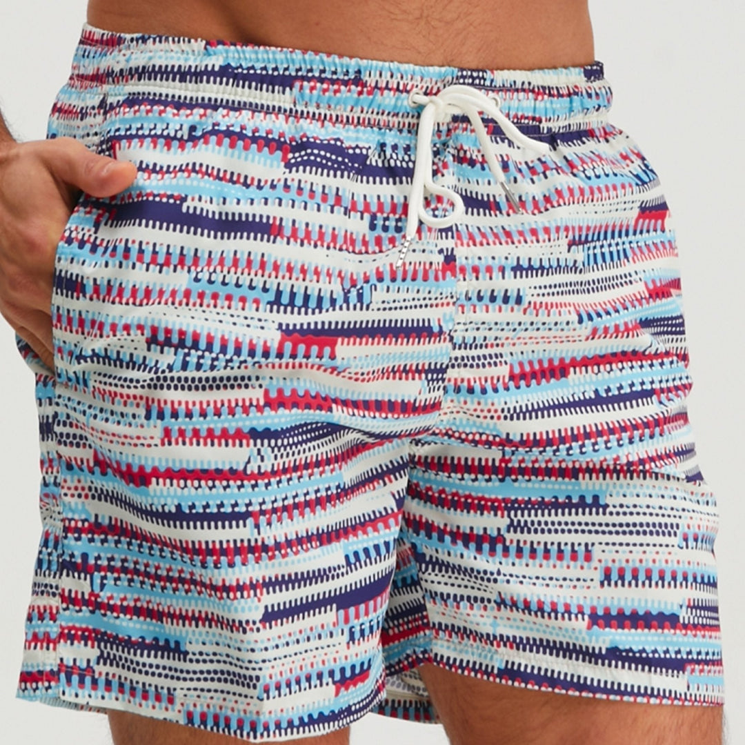 Men's Deep Sky Blue Graphic Swim Shorts Quick Dry Drawstring Trunks