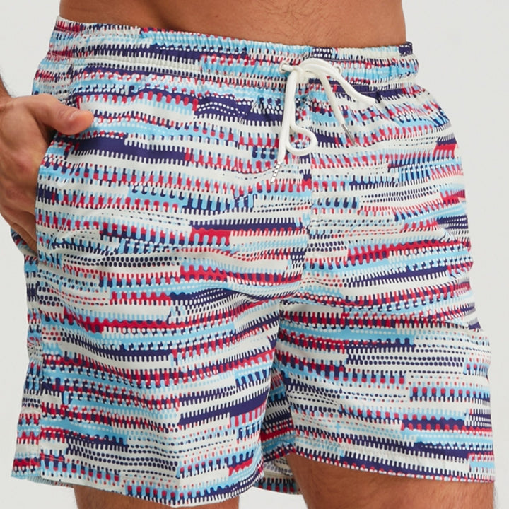 Men's Deep Sky Blue Graphic Swim Shorts Quick Dry Drawstring Trunks