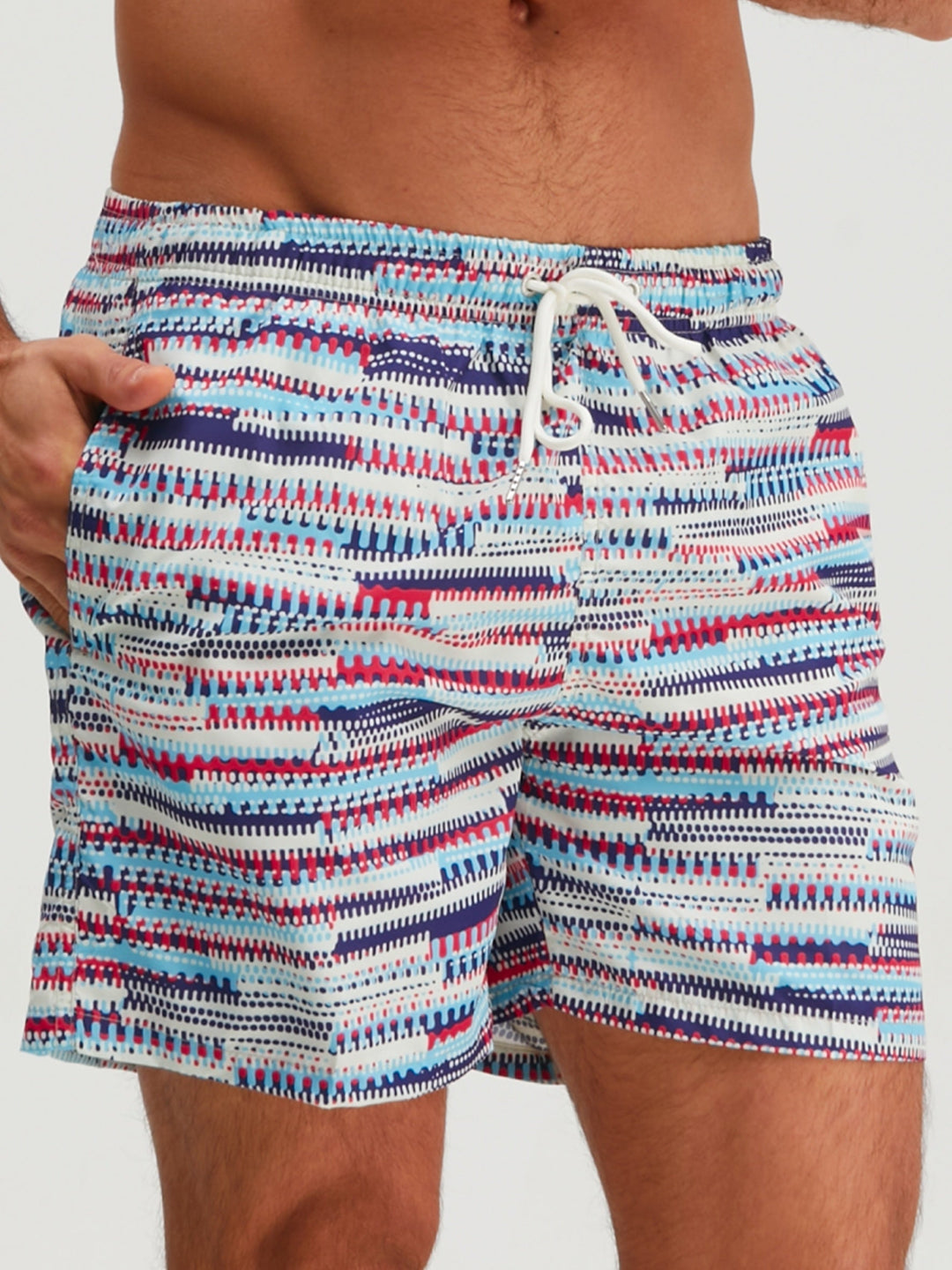 Men's Deep Sky Blue Graphic Swim Shorts Quick Dry Drawstring Trunks