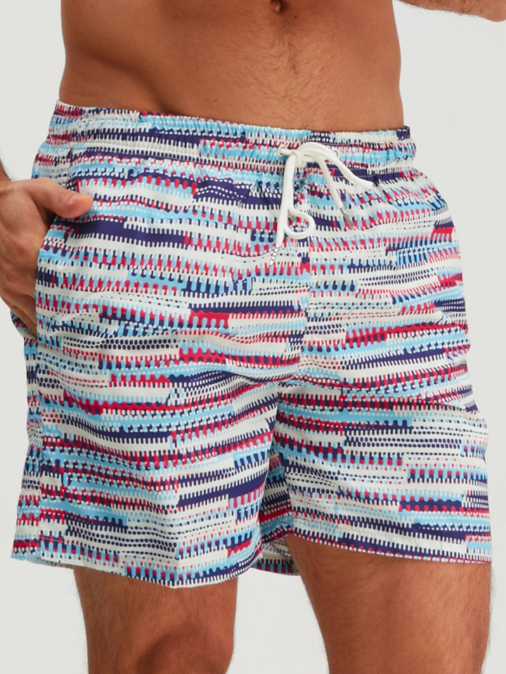 Men's Deep Sky Blue Graphic Swim Shorts Quick Dry Drawstring Trunks