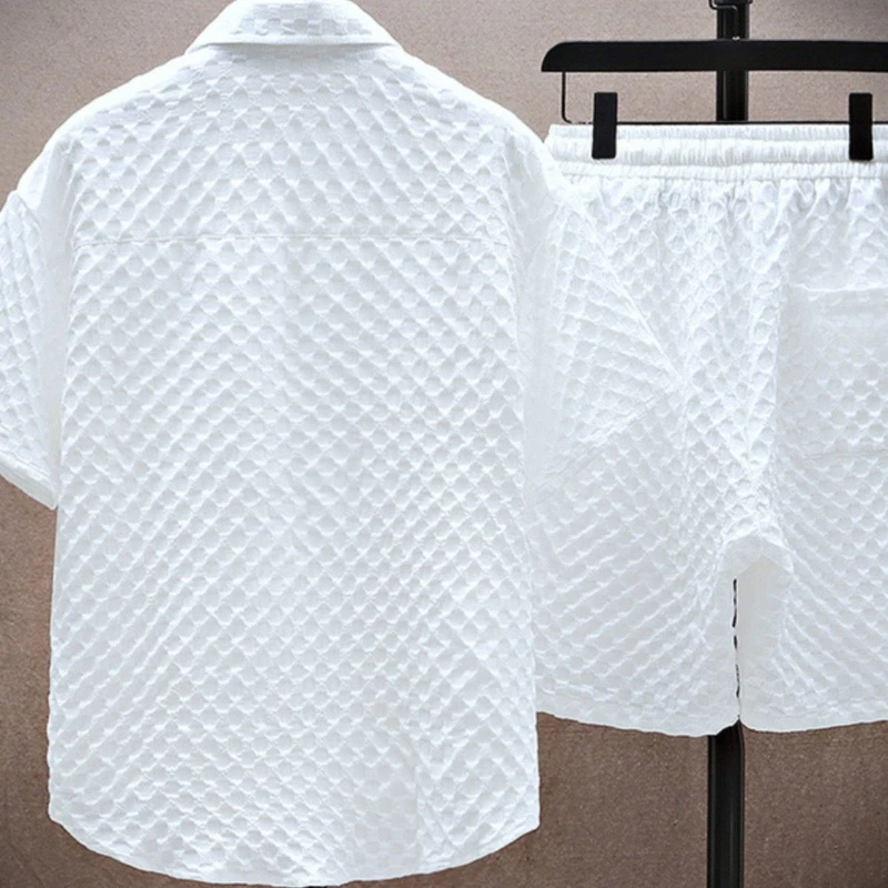 Men's Diamond Jacquard Shirt and Shorts Set, Textured Summer Co-ord