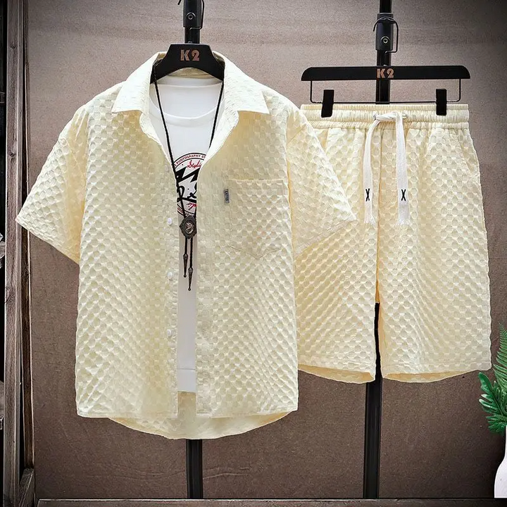 Men's Diamond Jacquard Shirt and Shorts Set, Textured Summer Co-ord