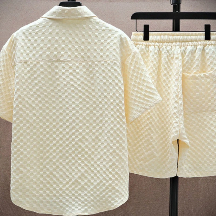Men's Diamond Jacquard Shirt and Shorts Set, Textured Summer Co-ord