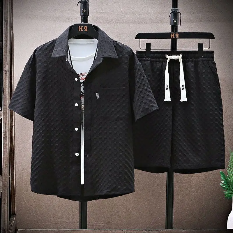 Men's Diamond Jacquard Shirt and Shorts Set, Textured Summer Co-ord