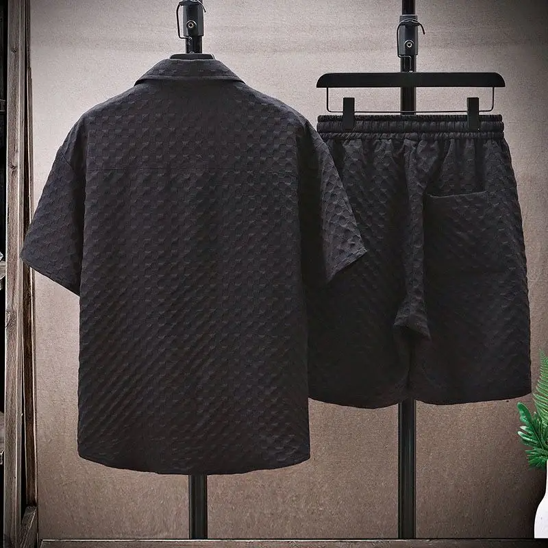 Men's Diamond Jacquard Shirt and Shorts Set, Textured Summer Co-ord