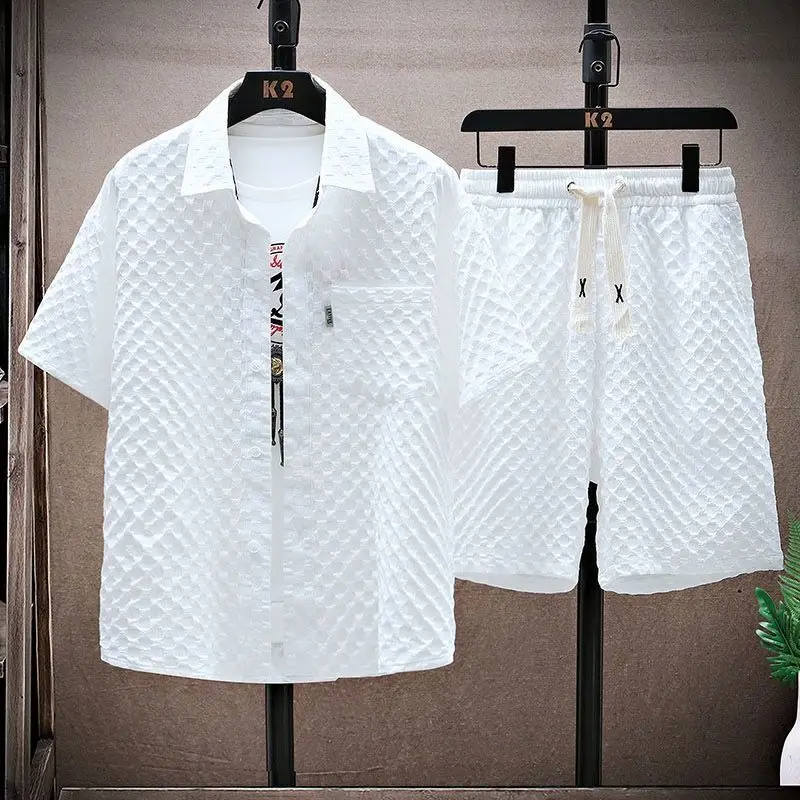 Men's Diamond Jacquard Shirt and Shorts Set, Textured Summer Co-ord