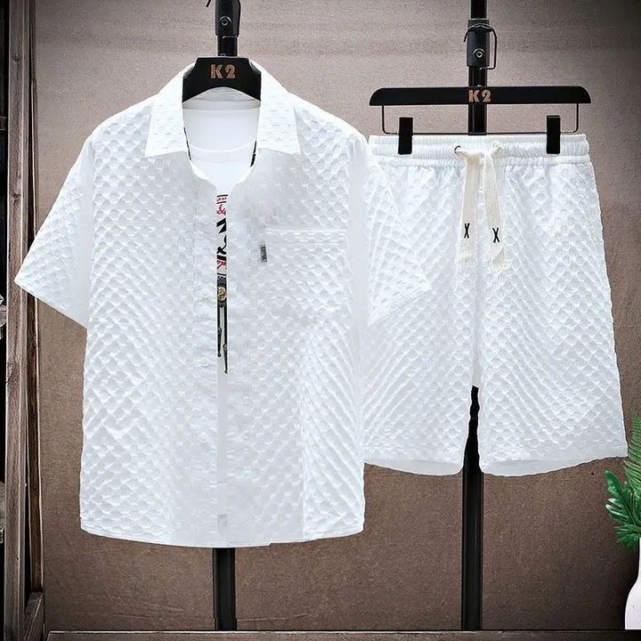 Men's Diamond Jacquard Shirt and Shorts Set, Textured Summer Co-ord