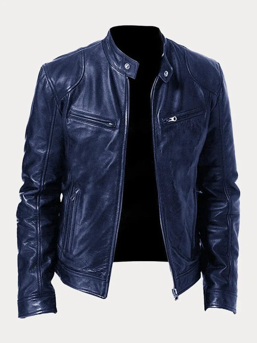 Men's Faux Leather Moto Stand-Collar Slim-Fit Jacket