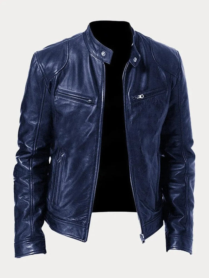 Men's Faux Leather Moto Stand-Collar Slim-Fit Jacket