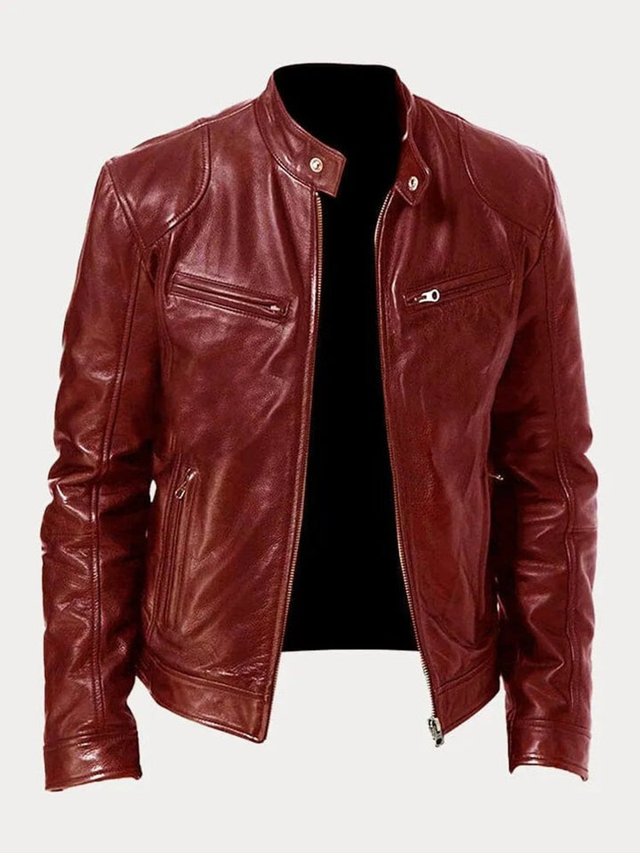 Men's Faux Leather Moto Stand-Collar Slim-Fit Jacket