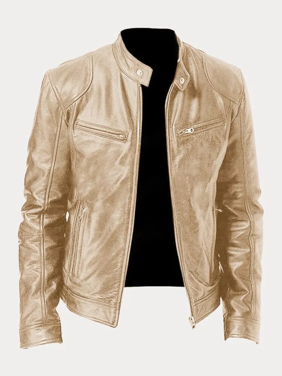Men's Faux Leather Moto Stand-Collar Slim-Fit Jacket