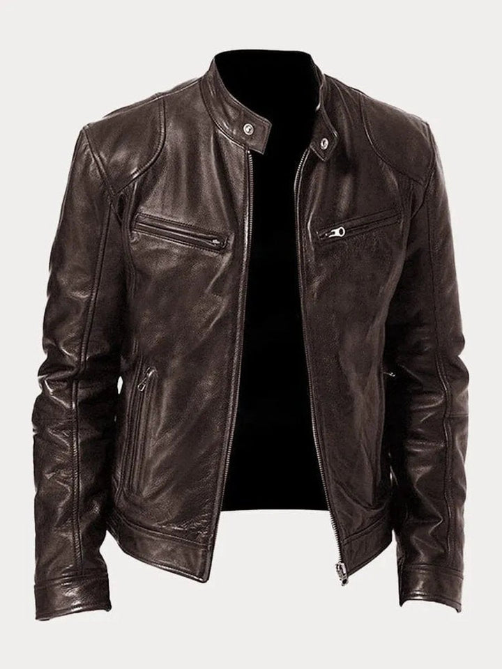 Men's Faux Leather Moto Stand-Collar Slim-Fit Jacket