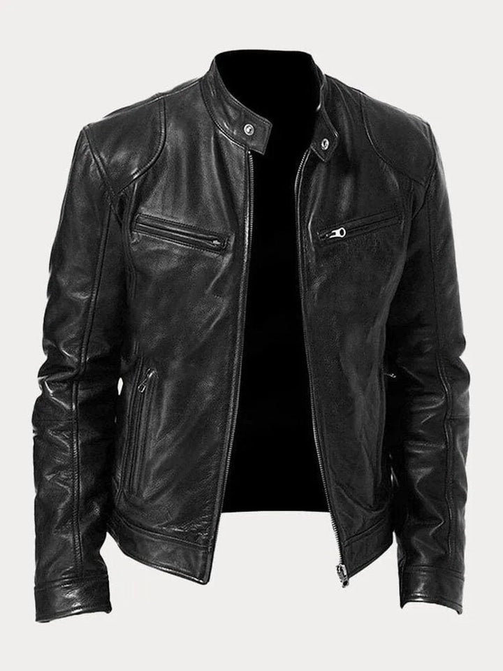 Men's Faux Leather Moto Stand-Collar Slim-Fit Jacket