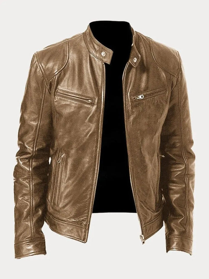 Men's Faux Leather Moto Stand-Collar Slim-Fit Jacket