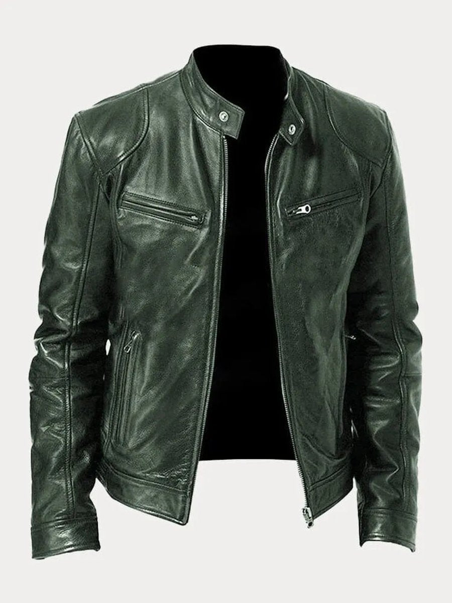Men's Faux Leather Moto Stand-Collar Slim-Fit Jacket