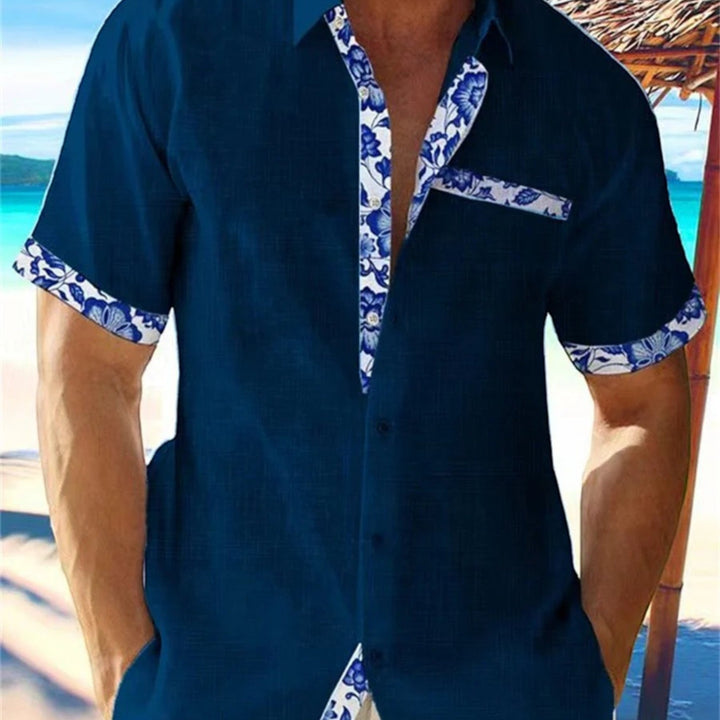 Men's Floral Trim Linen Shirt - Short Sleeve Button Up Top