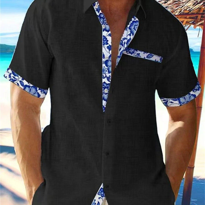 Men's Floral Trim Linen Shirt - Short Sleeve Button Up Top