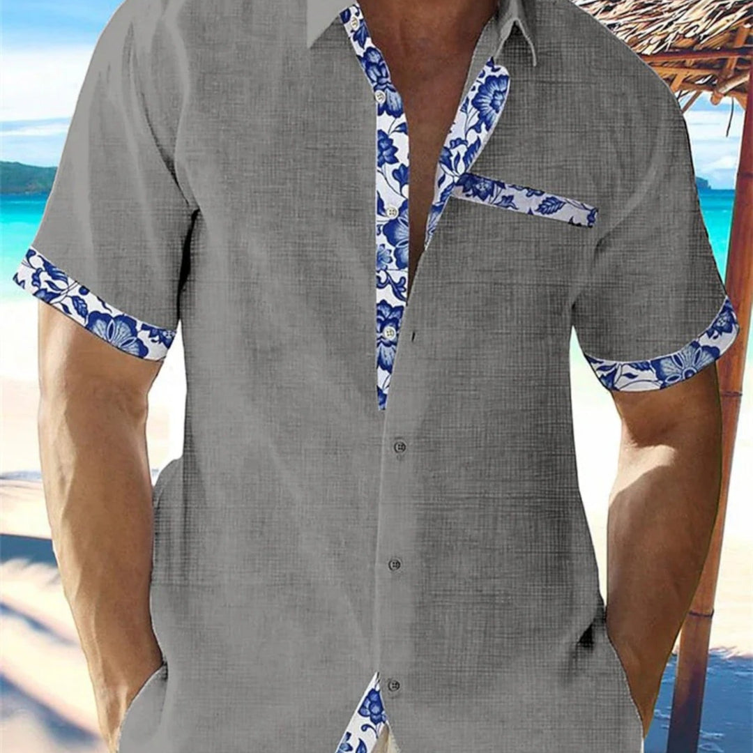 Men's Floral Trim Linen Shirt - Short Sleeve Button Up Top