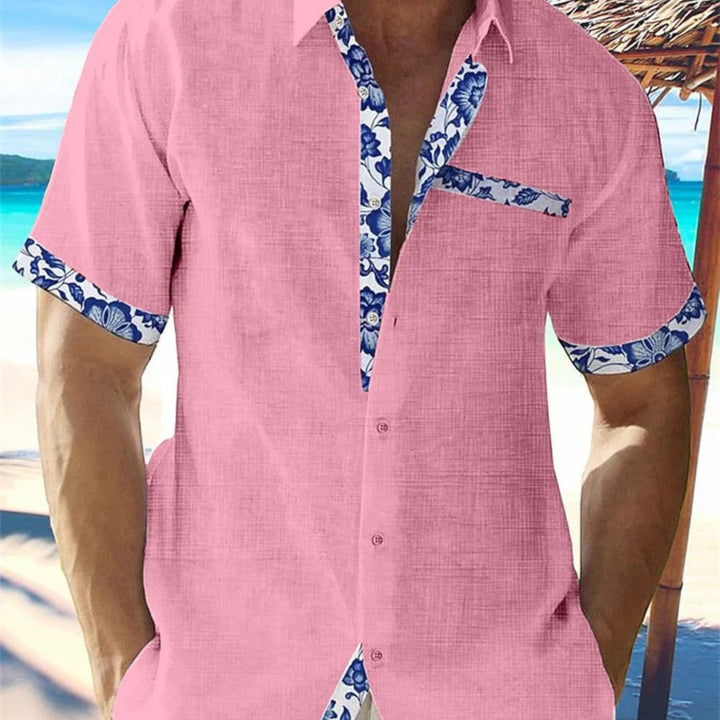 Men's Floral Trim Linen Shirt - Short Sleeve Button Up Top